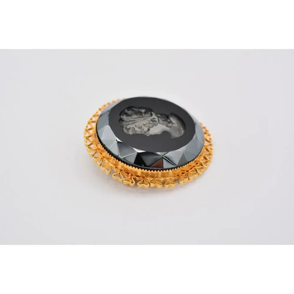 Vintage Cameo Pin Brooch Black Lucite Gunmetal Crystal Round Gold Tone 80s BinAT